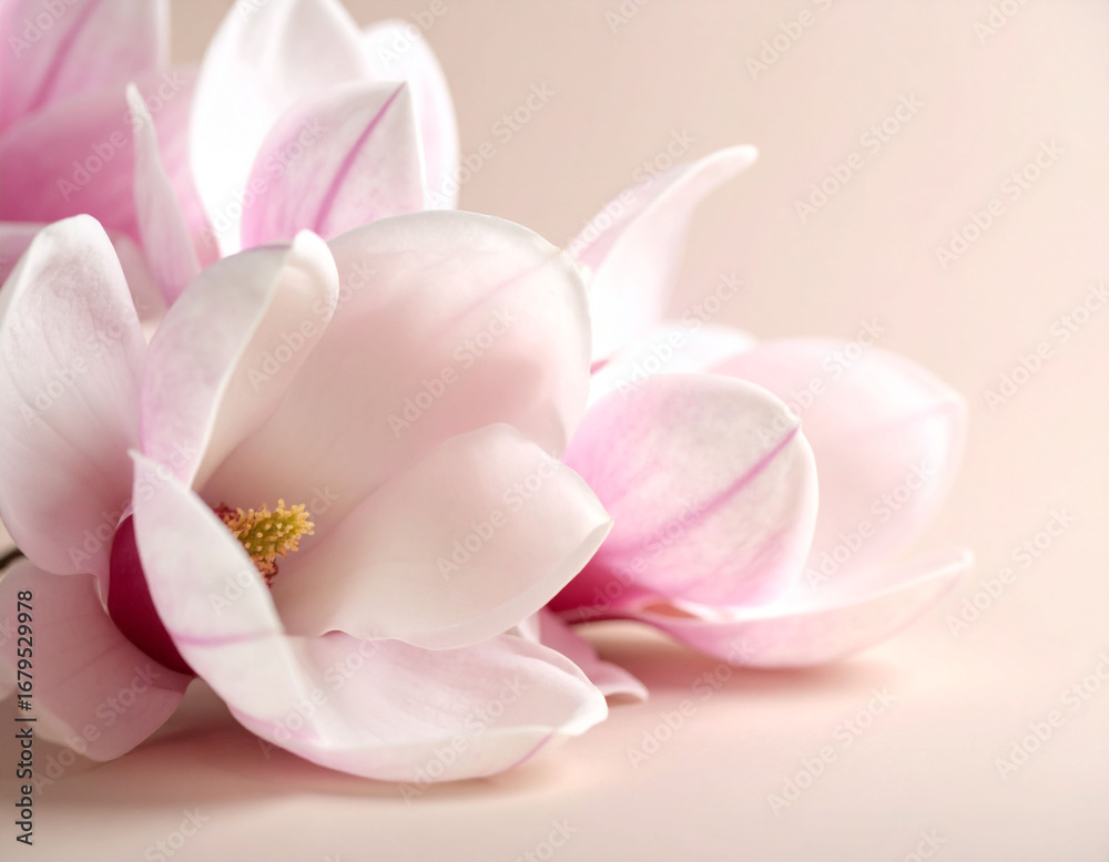Fototapeta premium beautiful close-up photograph features two delicate pink magnolia flowers with soft, curving petals and prominent stamens. beige background