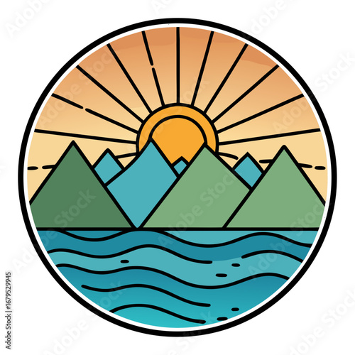 Stylized mountain range and lake at sunrise with radiating sunbeams