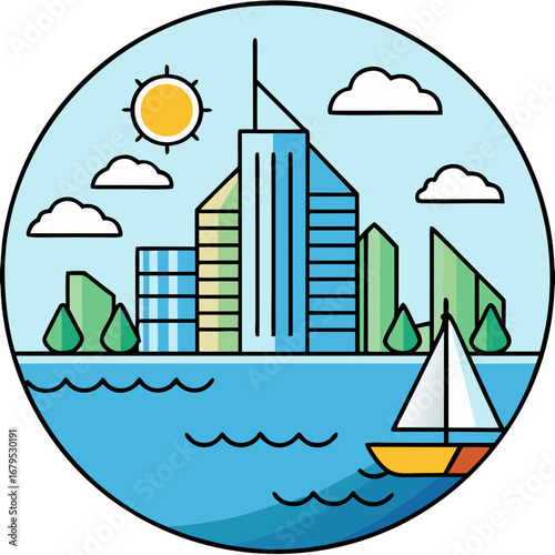 Modern cityscape with skyscrapers trees a sailboat and clouds under a bright sun
