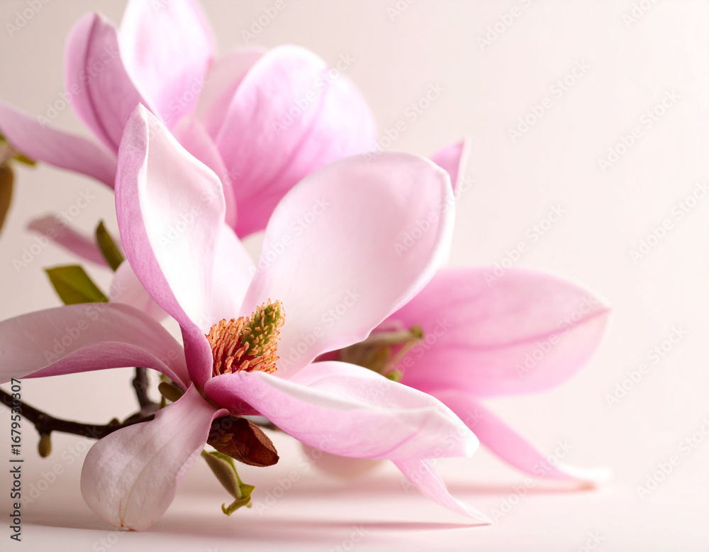 Fototapeta premium beautiful close-up photograph features two delicate pink magnolia flowers with soft, curving petals and prominent stamens. beige background