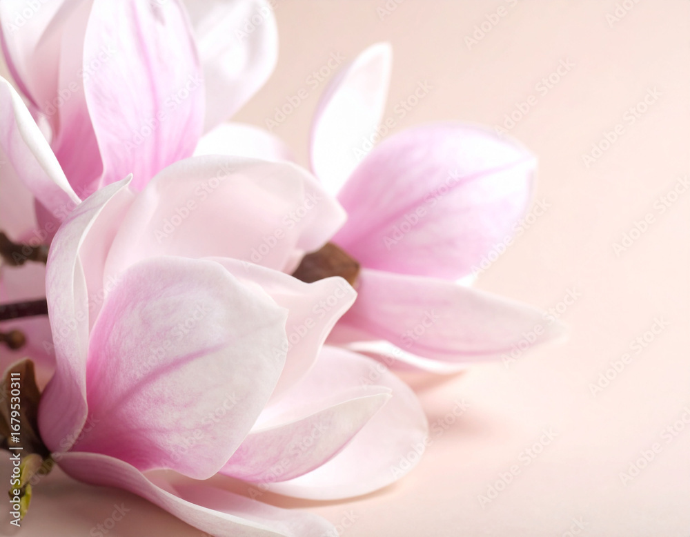 Fototapeta premium beautiful close-up photograph features two delicate pink magnolia flowers with soft, curving petals and prominent stamens. beige background