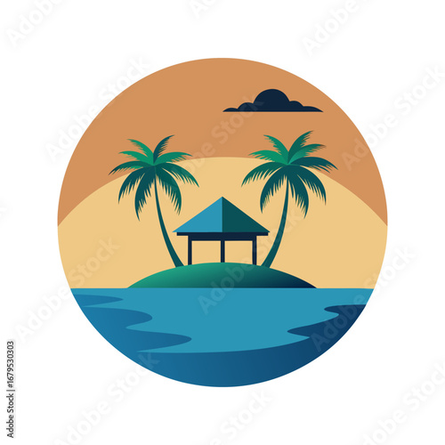 Tropical island paradise with palm trees and a hut at sunset