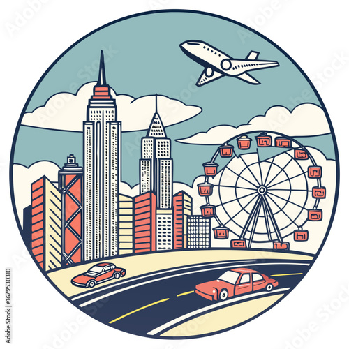 Stylized cityscape with iconic buildings ferris wheel airplane and cars on a road