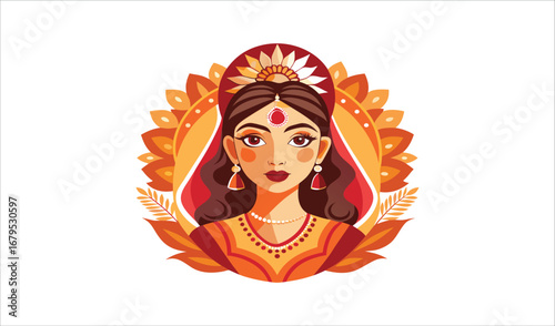 A vibrant cartoon vector illustration of an Indian woman with a sword, her face adorned with a joyful smile