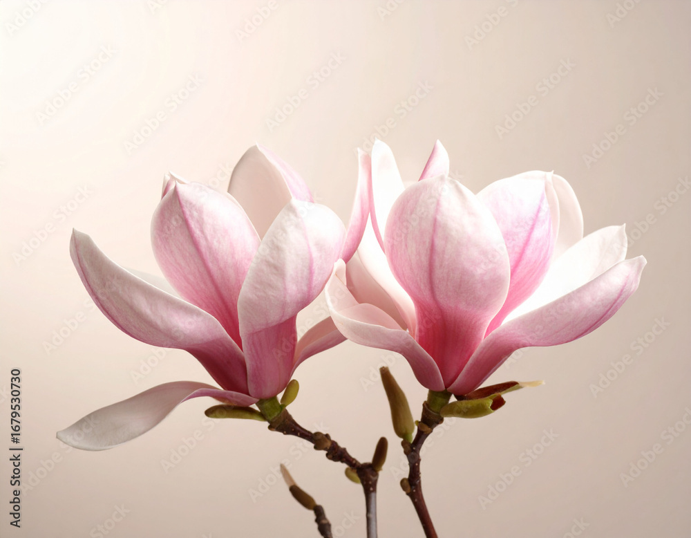 Obraz premium beautiful close-up photograph features two delicate pink magnolia flowers with soft, curving petals and prominent stamens. beige background