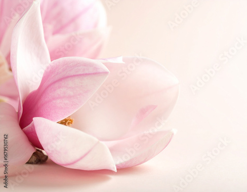 beautiful close-up photograph features two delicate pink magnolia flowers with soft, curving petals and prominent stamens. beige background