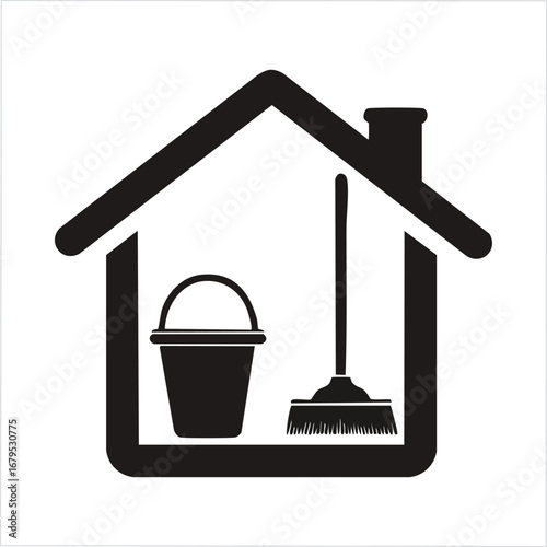 House with cleaning bucket and broom home