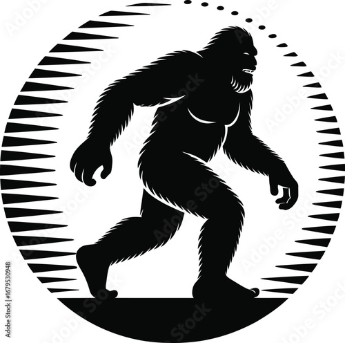Bigfoot Sasquatch Walking Silhouette with Triangle Circle Border Illustration for Cryptozoology Enthusiasts and Wilderness