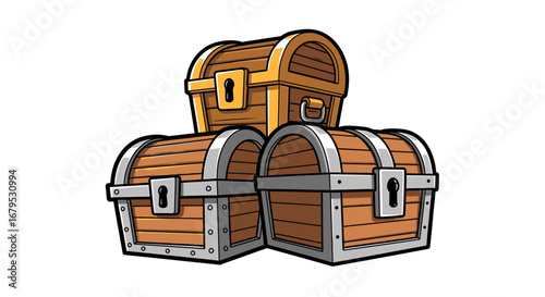 A stack of three treasure chests, filled with untold riches and ancient secrets.