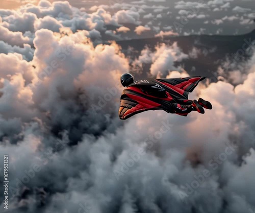 Wingsuit Pilot Gliding Above Volcanic Landscape with Glowing Lava and Dramatic Clouds at Sunset, High-altitude Extreme Sport
