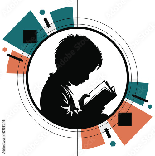 Child Reading Silhouette with Geometric Shapes Illustration Education Knowledge Learning Imagination Storytelling Bookworm Reader