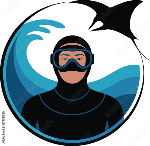 Diver in Ocean Circle with Manta Ray Silhouette Aquatic Adventure Emblem Underwater Sport Icon Marine Life Symbol Scuba Diving Graphic