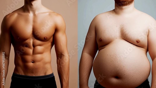Dramatic Visual Contrast Between a Lean Muscular Male Torso and an Overweight Obese Mans Body, Highlighting Weight Loss