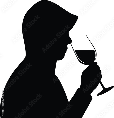 Silhouette of a person smelling a glass of red wine