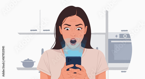 Shocked young woman with glowing blue light from her phone looking at the screen against a kitchen background
