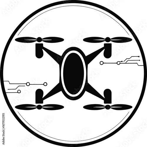 Drone Silhouette in Circle Frame Modern Technology Unmanned Aerial Vehicle Quadcopter Surveillance Remote Control Innovation