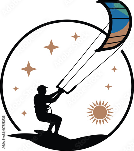 Striking Silhouette of a Kitesurfer Riding Waves Inside a Circle Frame, Watersport Icon for Adventure and Recreation