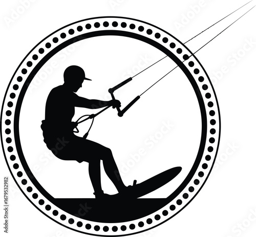 Kitesurfing Silhouette in Circular Frame Kitesurfer Icon Watersport Activity Extreme Sport Kiteboarding Water Sport Design