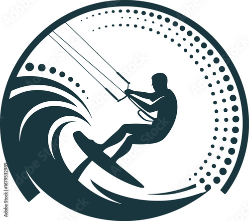 Kitesurfing Silhouette on Wave Circle Extreme Water Sport Icon Kite Surfer Graphic Windsurfing Symbol Aquatic Activity Design