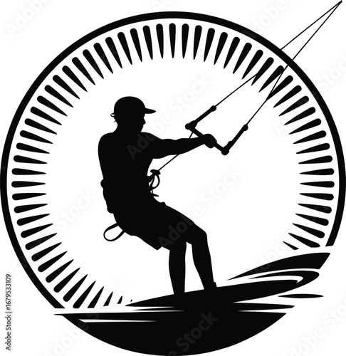Kitesurfing Silhouette with Radial Line Circle Kitesurfer Icon Watersport Activity Extreme Sport Kiteboarding Water Sport Design