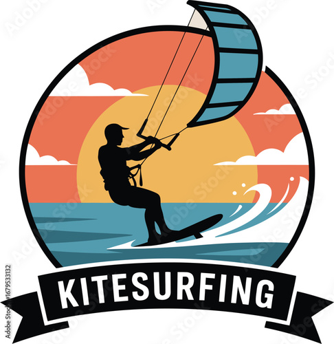 Kitesurfing Silhouette with Ribbon Banner Kitesurfer Icon Watersport Activity Extreme Sport Kiteboarding Water Sport Design