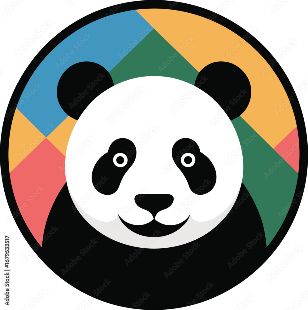 Fototapeta premium Adorable Panda Bear Emblem with Geometric Colorful Backdrop, a Playful Icon for Nature and Wildlife Conservation Projects
