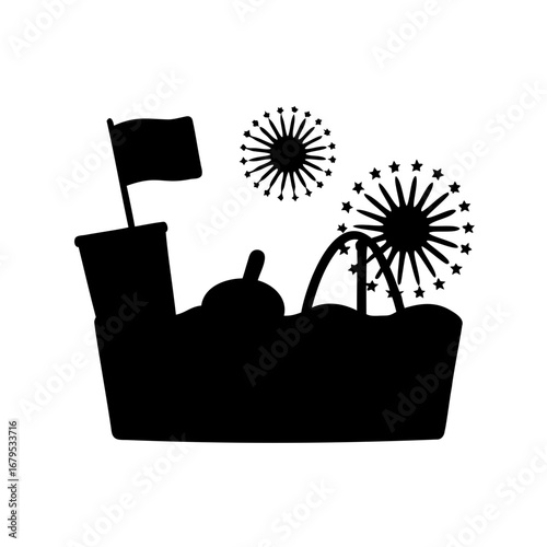 Silhouette illustration of a carnival scene with rides and decorations