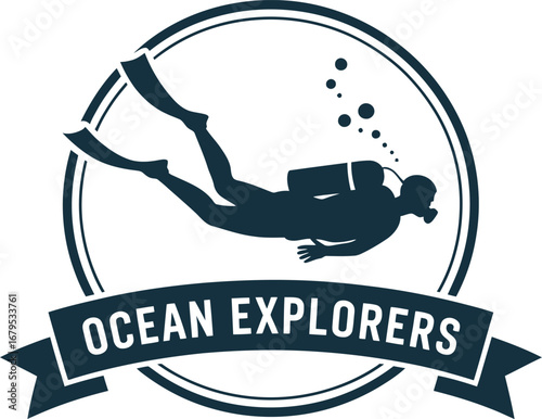 Intriguing Scuba Diver Silhouette Emblem with Ocean Explorers Banner A Symbol of Underwater Discovery and Marine Life