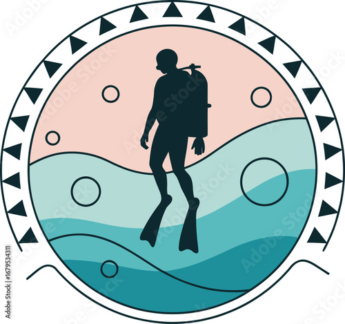 Scuba Diver Silhouette in a Decorative Circle with Ocean Waves and Geometric Elements for Aquatic Adventure