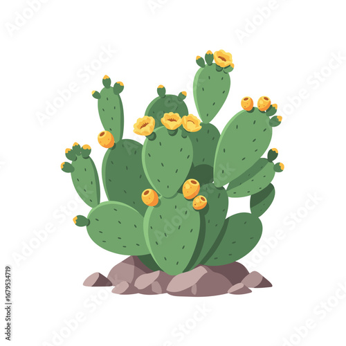 Prickly pear cactus with yellow flowers and fruit