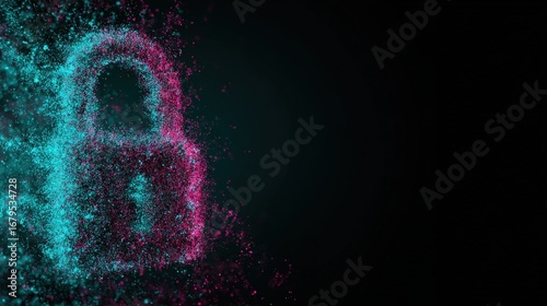 Data privacy lock icon made of particles, dark backdrop, teal and magenta rim lights, tech poster style 