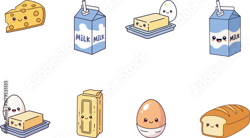 Cute breakfast food characters, cheese, milk, butter, egg, bread, kawaii style, cartoon vector, dairy ingredients, morning meal, adorable illustration