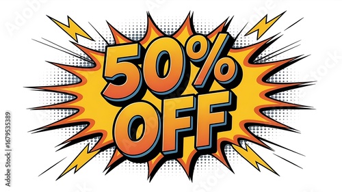 comic-style logo with 50% OFF banner in vibrant colors , discount banner, poster, sale template, created with generative ai