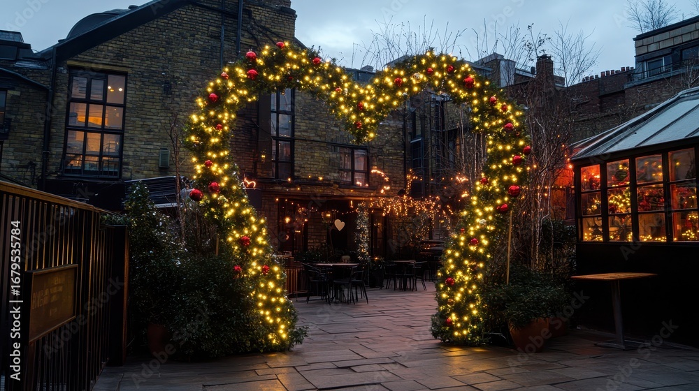 Fototapeta premium Romantic Heart Arch with Holiday Lights in a Cozy Outdoor Setting
