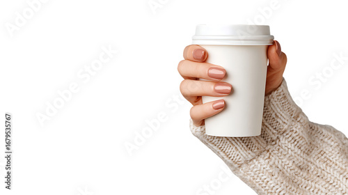 Hand holding a white paper coffee cup isolated on transparent background