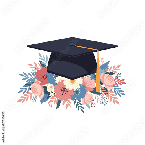 Floral graduation cap with tassel and leaves arrangement