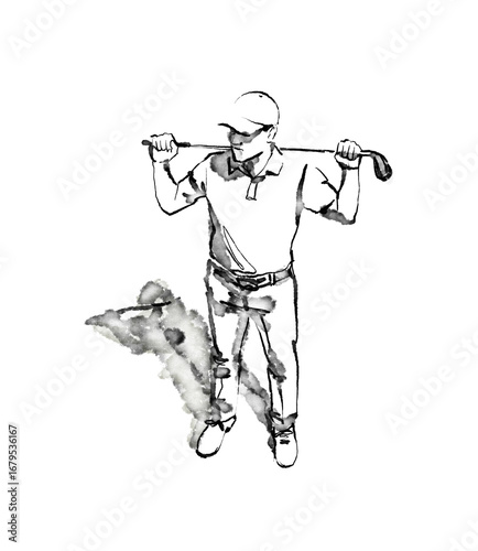 Wallpaper Mural Illustration, black and white graphic, hand drawn ink sketch of a male golfer standing on the field with a club on his shoulders, top view. High quality photo Torontodigital.ca