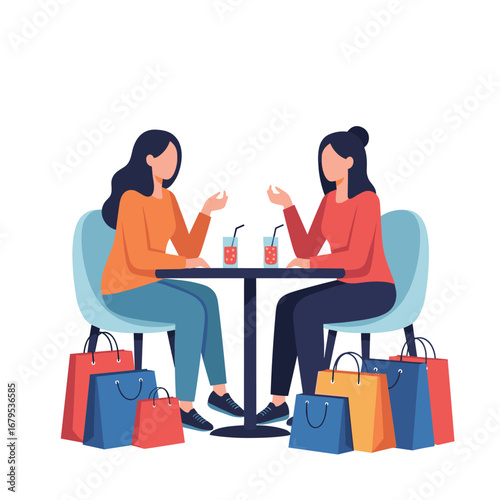 Two young women chatting at a cafe with shopping bags around them