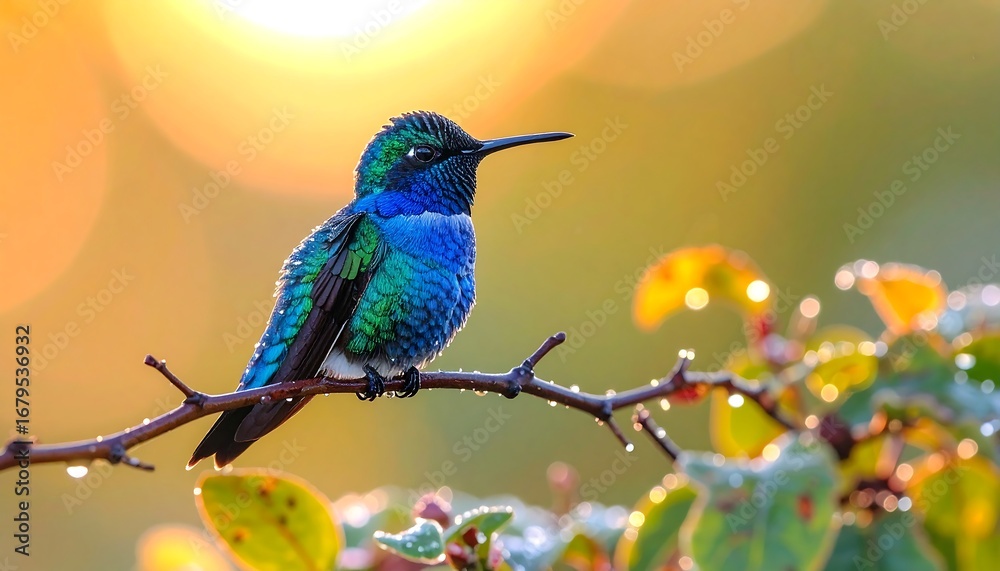 Fototapeta premium Vibrant hummingbird perched on branch, bathed in golden sunlight