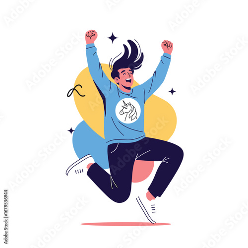 Excited person celebrating achievement with hands raised high