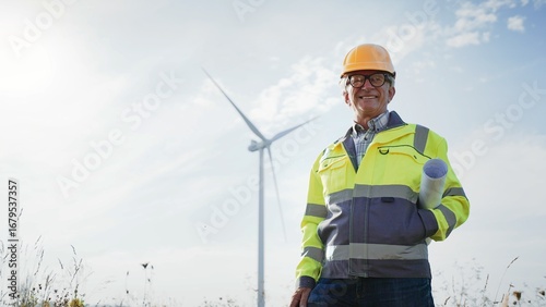 Camera view from below of experienced engineer standing in open field. Man wearing high-visibility vest and orange helmet. Holding building plan rolled into tube. Wind turbine in background.