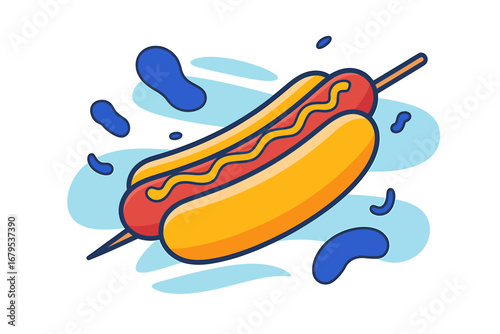 Cartoon Hot Dog with Ketchup and Mustard on a Skewer Delicious Food Illustration for Design Projects and Culinary Arts Content