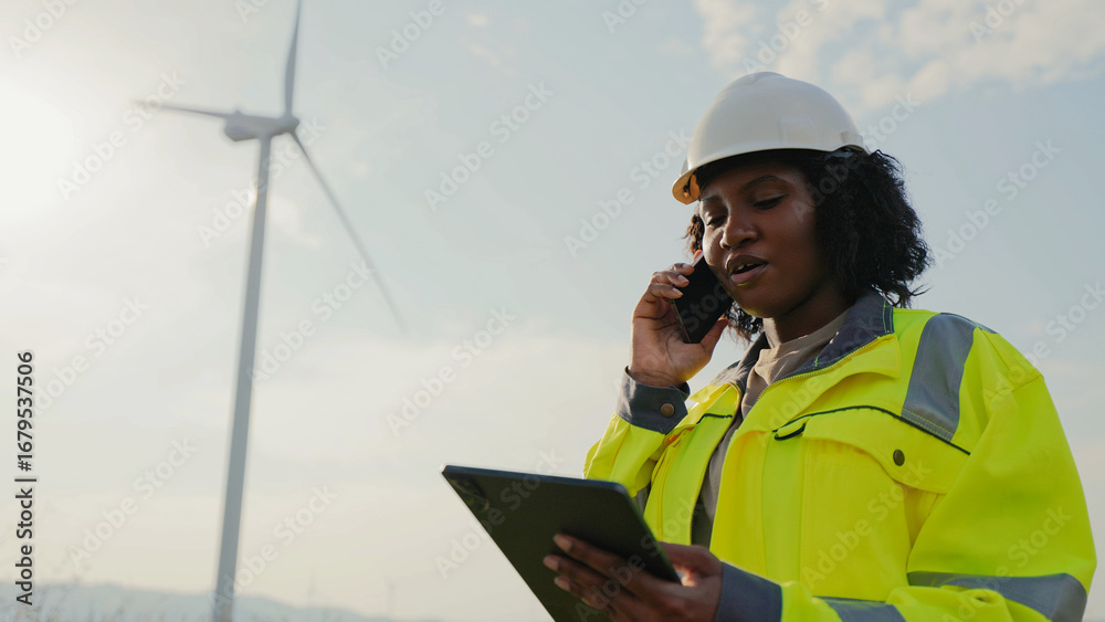 custom made wallpaper toronto digitalFocused African American woman talking with someone on smartphone while looking at tablet device. Remote communication concept. Power plant worker in protective equipment completing maintenance check.