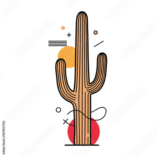 Abstract desert cactus art with geometric shapes and retro vibe