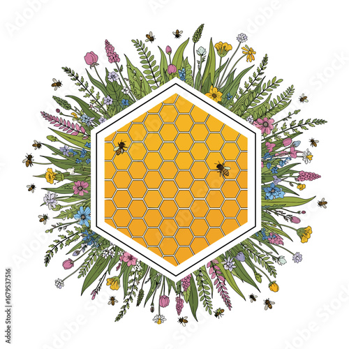 Hexagonal honeycomb surrounded by wildflowers and flying bees in spring