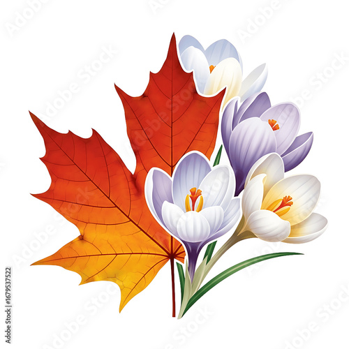 Vibrant Autumn Maple Leaf and Spring Crocus Flowers Digital Illustration on Green Background