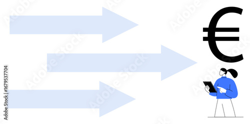 Large euro sign, right-facing arrows, person with tablet analyzing data. Ideal for finance, strategy, innovation, global business, leadership, economic trends simple landing page