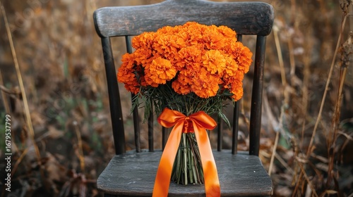 Vibrant Orange Marigold Bouquet on Rustic Wooden Chair in Nature