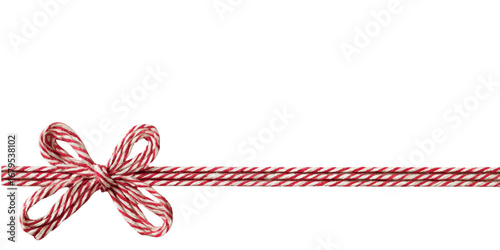 Decorative red and white cord tied in the shape of a bow. Element of packaging and decoration of Christmas gifts isolated on a white background. Christmas clipart. Vector illustration.