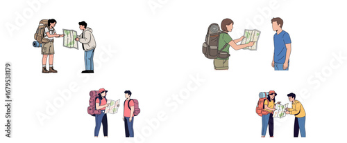 A set of Flat cartoon vector female backpacker showing map to a stranger. Isolated on white background